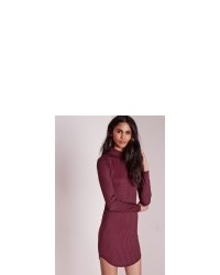 Missguided High Neck Ribbed Bodycon Dress Burgundy