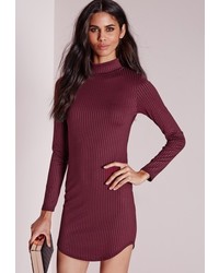 Missguided High Neck Ribbed Bodycon Dress Burgundy