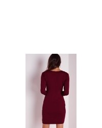 Missguided Long Sleeve Jersey Bodycon Dress Burgundy
