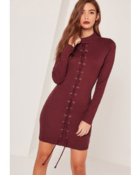 Missguided Sarah Ashcroft Lace Up Front Round Neck Bodycon Dress Burgundy