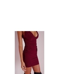 Missguided Slinky Double Strap Ruche Bodycon Dress Burgundy