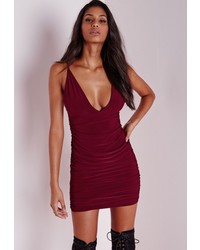 Missguided Slinky Double Strap Ruche Bodycon Dress Burgundy