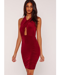 Missguided Wrap Front Halter Bodycon Dress Burgundy