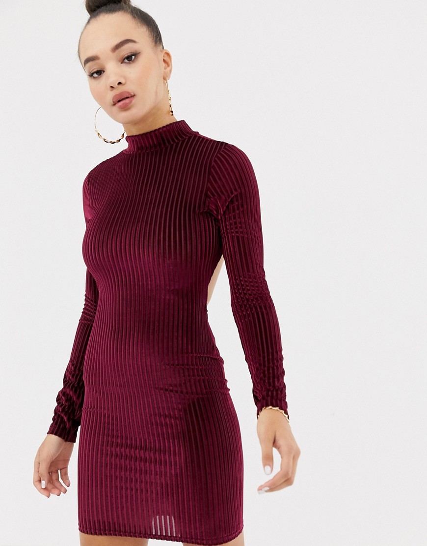 Missguided Ribbed Velvet Open Back Mini Dress In Burgundy, $15, Asos