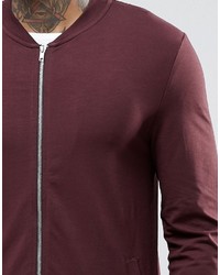 Asos Brand Muscle Fit Jersey Bomber Jacket In Burgundy