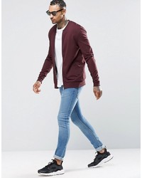 Asos Brand Muscle Fit Jersey Bomber Jacket In Burgundy