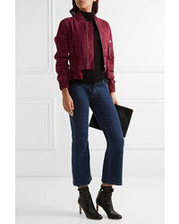 Cédric Charlier Cropped Ruffled Suede Bomber Jacket Burgundy