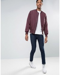 Asos Tall Bomber Jacket With Ma1 Pocket In Burgundy