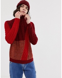 ASOS DESIGN Relaxed Fit Knitted Colour Block Cable In Red