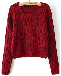 Round Neck Cable Knit Crop Red Sweater