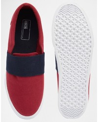 Asos Slip On Sneakers In Burgundy Canvas With Elastic Strap