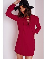 Missguided Lace Up Shirt Dress Burgundy