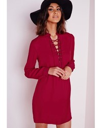 Missguided Lace Up Shirt Dress Burgundy