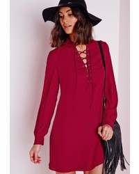 Missguided Lace Up Shirt Dress Burgundy