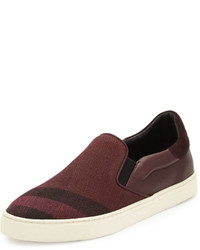 Burgundy Check Canvas Slip-on Sneakers