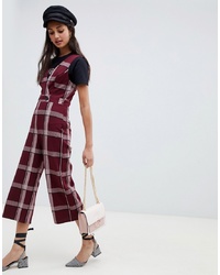 Miss Selfridge Jumpsuit With Button Detail In Burgundy Check
