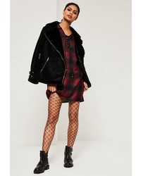 Missguided Red Lace Up Check Shirt Dress
