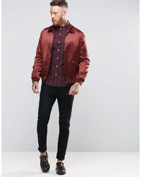 Asos Brand Skinny Checked Shirt In Burgundy With Long Sleeves