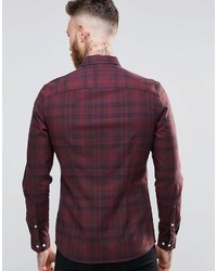 Asos Brand Skinny Checked Shirt In Burgundy With Long Sleeves