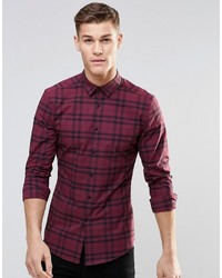 Asos Brand Skinny Shirt In Burgundy Check With Long Sleeves