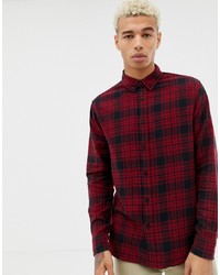 Bershka Check Shirt In Red And Black With Collar