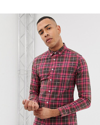 ASOS DESIGN Tall Stretch Slim Check Shirt With Acid Wash In Red