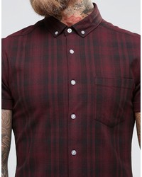 Asos Brand Skinny Shirt In Burgundy Check With Short Sleeves