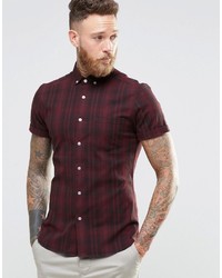 Asos Brand Skinny Shirt In Burgundy Check With Short Sleeves