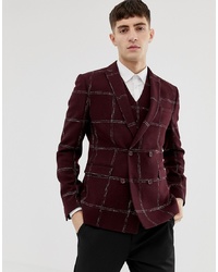 ASOS DESIGN Asos Slim Double Breasted Blazer In Moons Wool Rich Burgundy Check