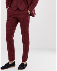 ASOS DESIGN Skinny Suit Trousers In Burgundy Wool Mix Check