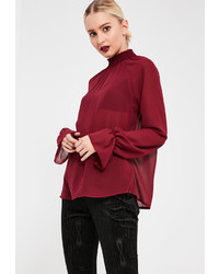 Missguided Red Shirred Turtle Neck Long Sleeve Chiffon Blouse