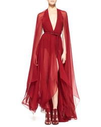 Donna Karan Belted Paneled Chiffon Evening Gown Ruby Red