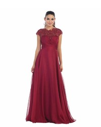 Unique Vintage Burgundy Red Sheer Cap Sleeve Chiffon Long Dress