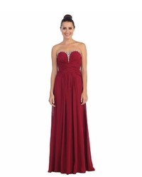 Unique Vintage Burgundy Strapless Sweetheart Ruched Chiffon Gown