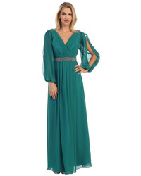 May Queen Bishop Sleeve V Neck Chiffon Long Gown Mq1020