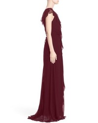Carolina Herrera Ruffle Detail Silk Chiffon V Neck Gown