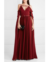 Elie Saab Ruffled Cutout Silk Chiffon Gown Burgundy