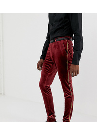 ASOS DESIGN Tall Super Skinny Smart Trouser In Burgundy Velvet With Gold Piping