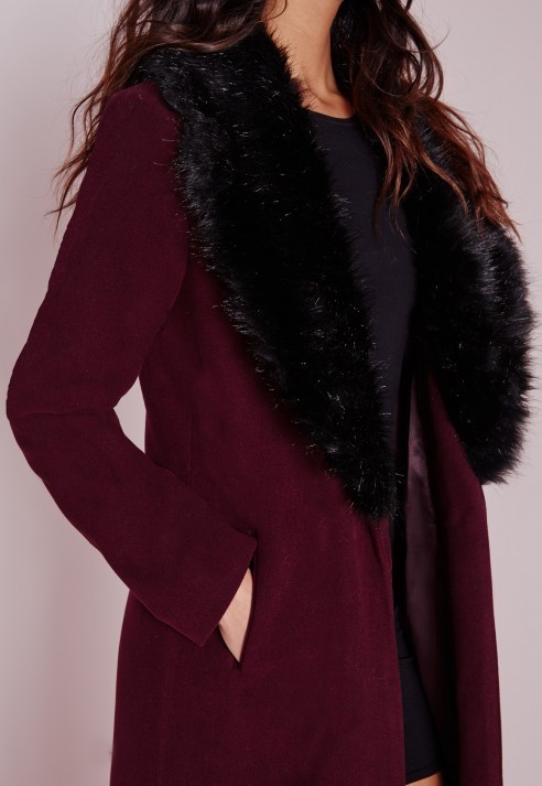 Missguided Longline Wool Coat With Faux Fur Collar Burgundy 102 Missguided Lookastic
