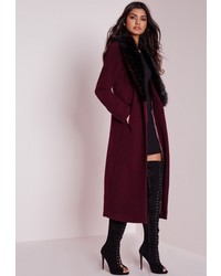 Missguided Longline Wool Coat With Faux Fur Collar Burgundy