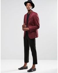 Asos Brand Skinny Blazer In Cotton In Burgundy