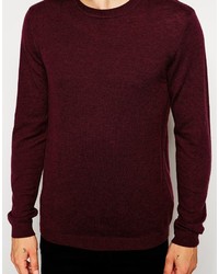 Asos Brand Merino Wool Crew Neck Sweater In Burgundy