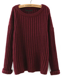 Burgundy Round Neck Vertical Stripe Loose Sweater