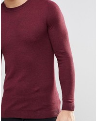 Asos Muscle Fit Crew Neck Sweater In Burgundy Cotton