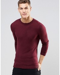 Asos Muscle Fit Crew Neck Sweater In Burgundy Cotton