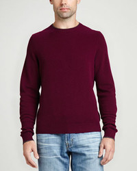 Neiman Marcus Contrast Tipped Cashmere Pique Sweater Burgundy
