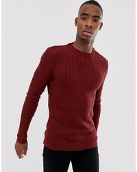 Bershka Slim Ribbed Jumper In Red With Crew Neck