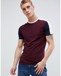 New Look Muscle Fit T Shirt With Colour Block Sleeve In Burgundy