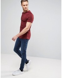 Asos Muscle Fit T Shirt With Crew Neck And Stretch In Burgundy