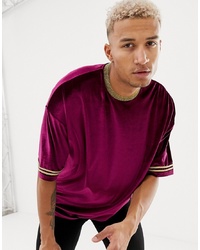 ASOS DESIGN Relaxed Longline T Shirt In Velour With Gold Neck And Sleeve Taping In Burgundy